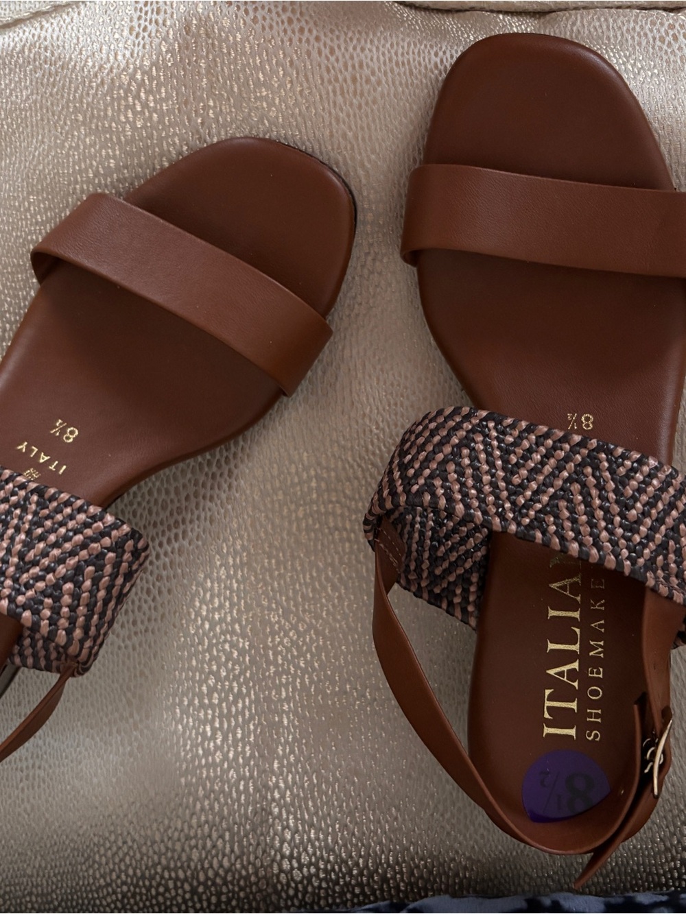 Italina Brown Leather Slide Sandals with Woven Ankle Strap